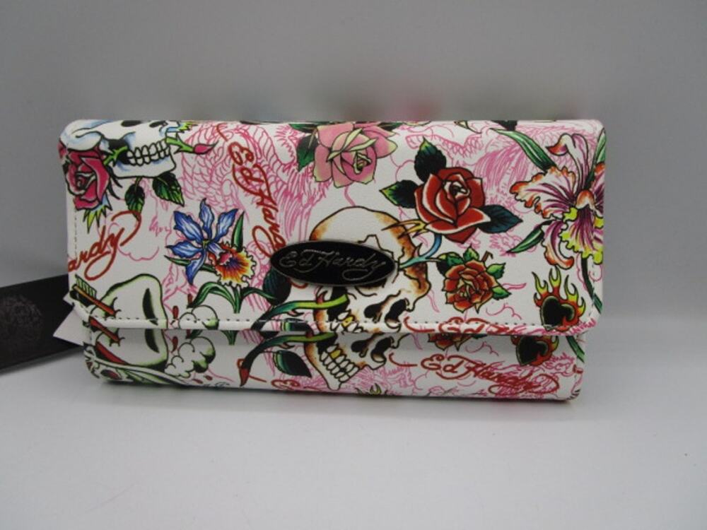 Ed Hardy Skulls Roses Trifold Wallet Pink White All Over‎ Print